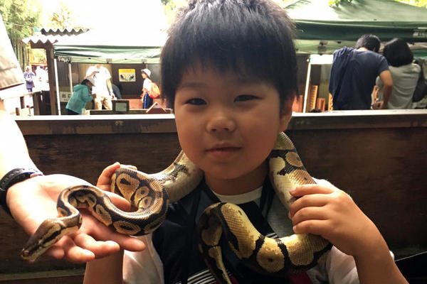 富士サファリパークで蛇を首に巻いたよ~!