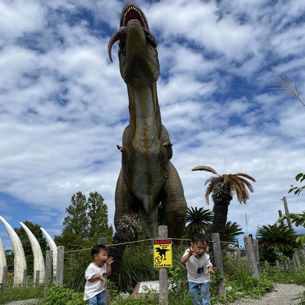 伊豆ぐらんぱる公園にて、大好きな恐竜の前で恐竜ポーズ