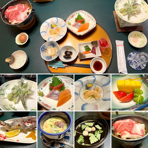 益成屋旅館の夕食　上州牛のすき焼き、嬬恋産花いんげん豆、刺身群馬産キンヒカリ、岩魚の塩焼き　など